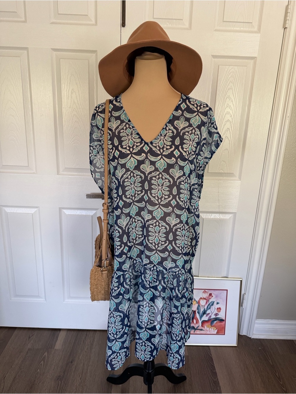 Navy Blue Floral V-Neck beach cover up